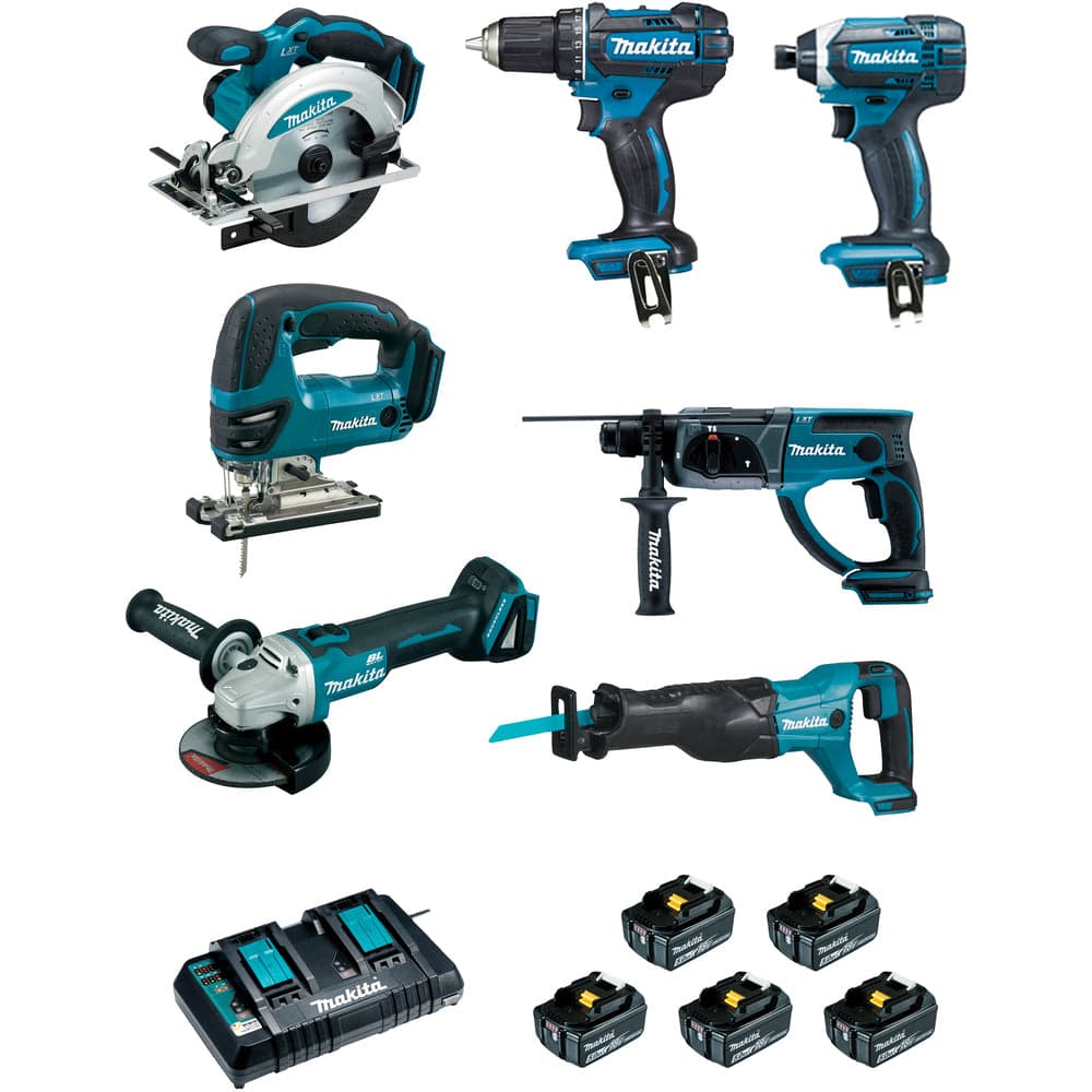Ensemble de 7 machines : Perceuse visseuse + Meuleuse + Perfo-burineur + Visseuse à chocs + 3 scies – MAKITA DLX7013PT1