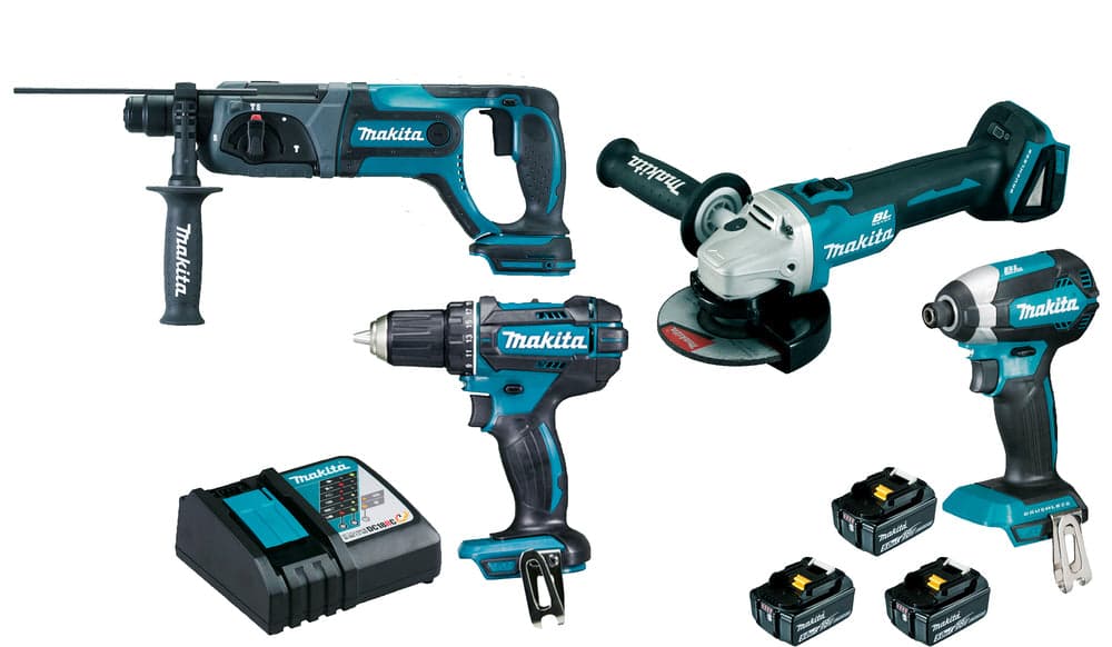 Ensemble de 4 machines : Perceuse visseuse + Meuleuse + Perfo-burineur + Visseuse à chocs – MAKITA DLX4080TX1