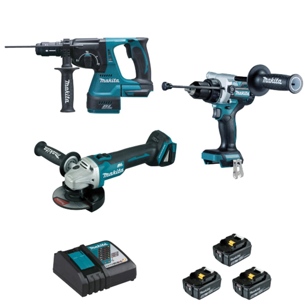 Ensemble de 3 machines : Meuleuse + Perceuse visseuse + Perfo-burineur + batterie – MAKITA DLX3157TJ