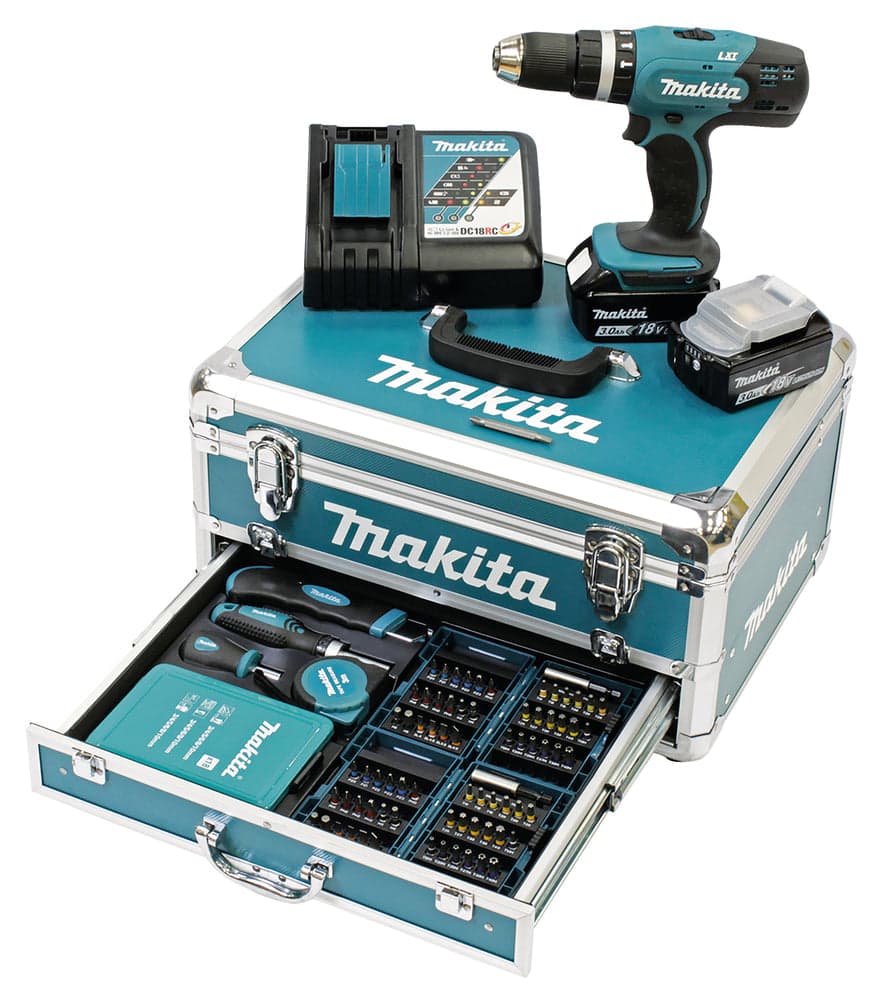 Perceuse visseuse à percussion LXT 18V Li-Ion 3Ah – 42 Nm + kit accessoires – MAKITA DHP453RFX2